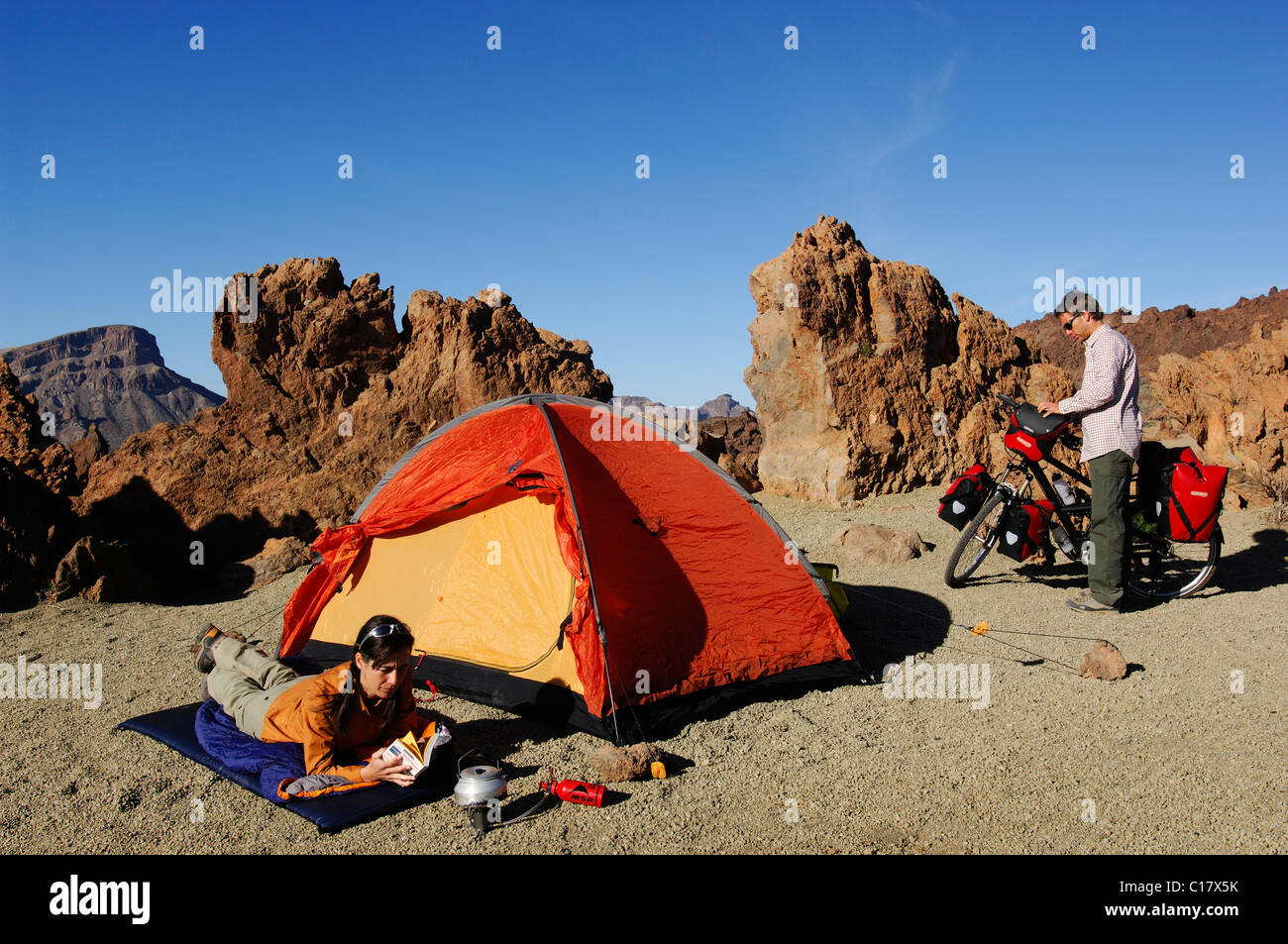 Bicyclists camping in the Teide Mountains, Tenerife, Canary Islands, Spain, Europe Stock Photo