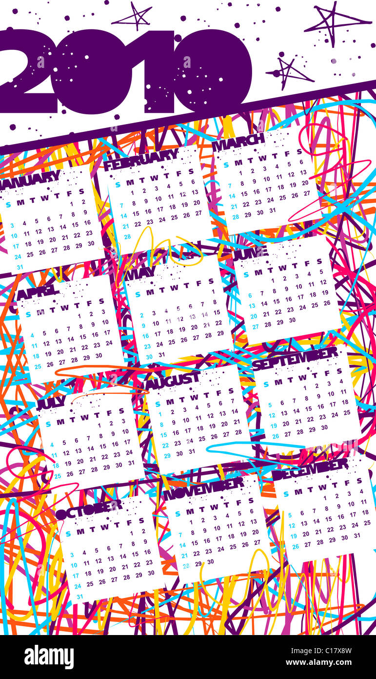 Calendar 2010 with all months shown. Grunge colored lines on white background. Vector available Stock Photo