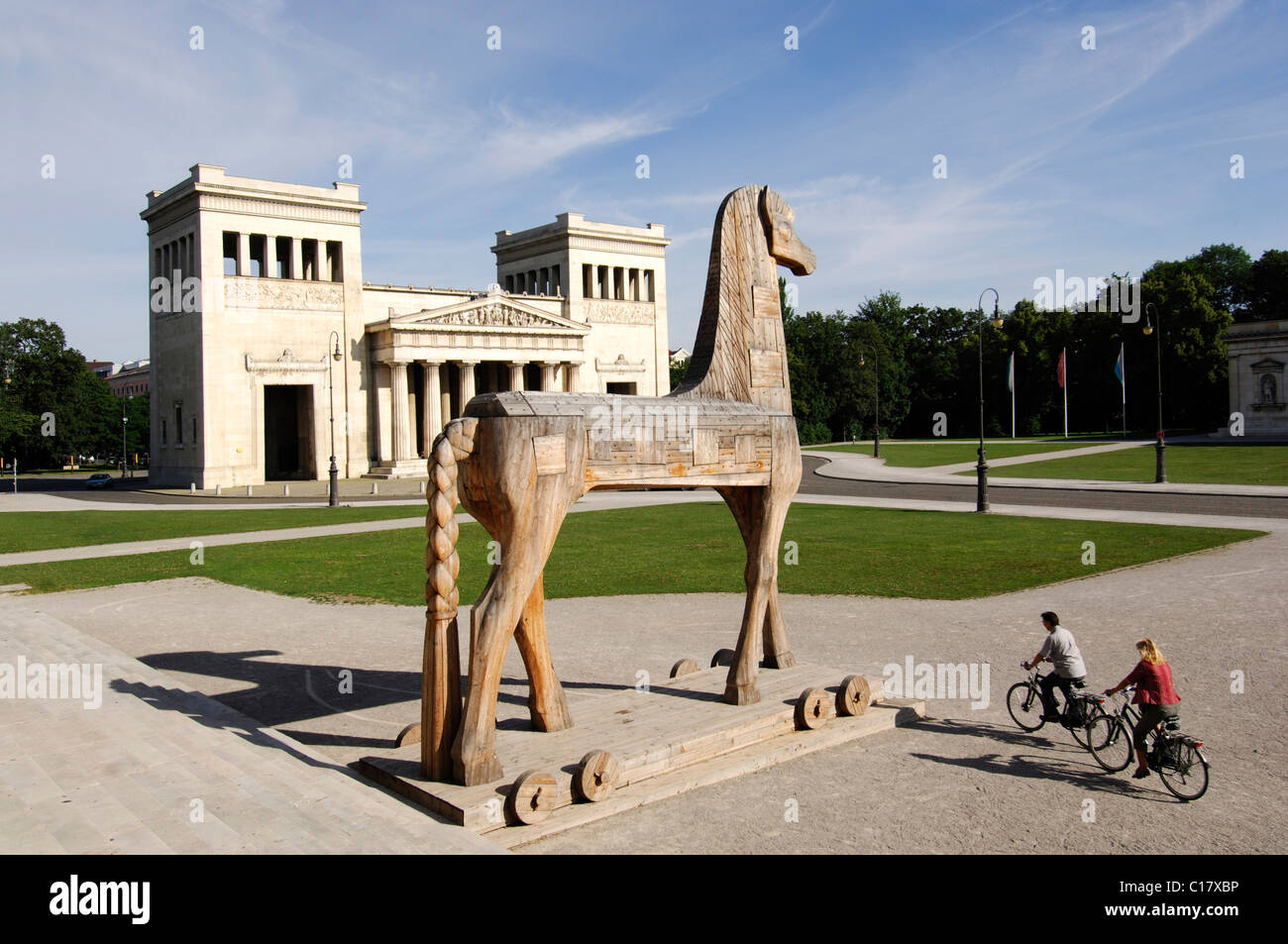 Best Agers, bicyclists, bike tour, horse sculpture, Koenigsplatz Square, Munich, Bavaria, Germany, Europe Stock Photo