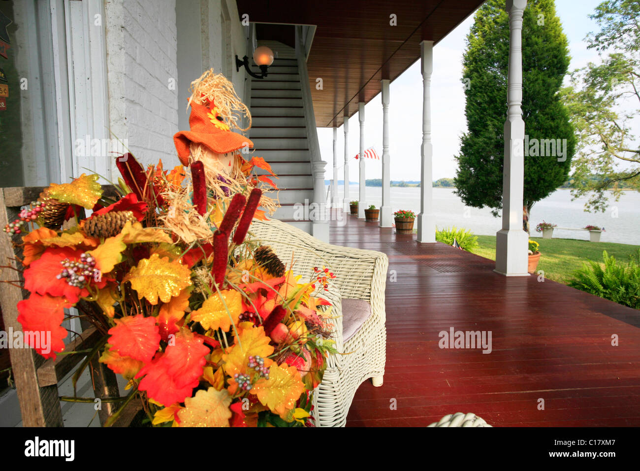 Porch, historic Rose Hotel, Ohio River, Elizabethtown, Illinois, USA