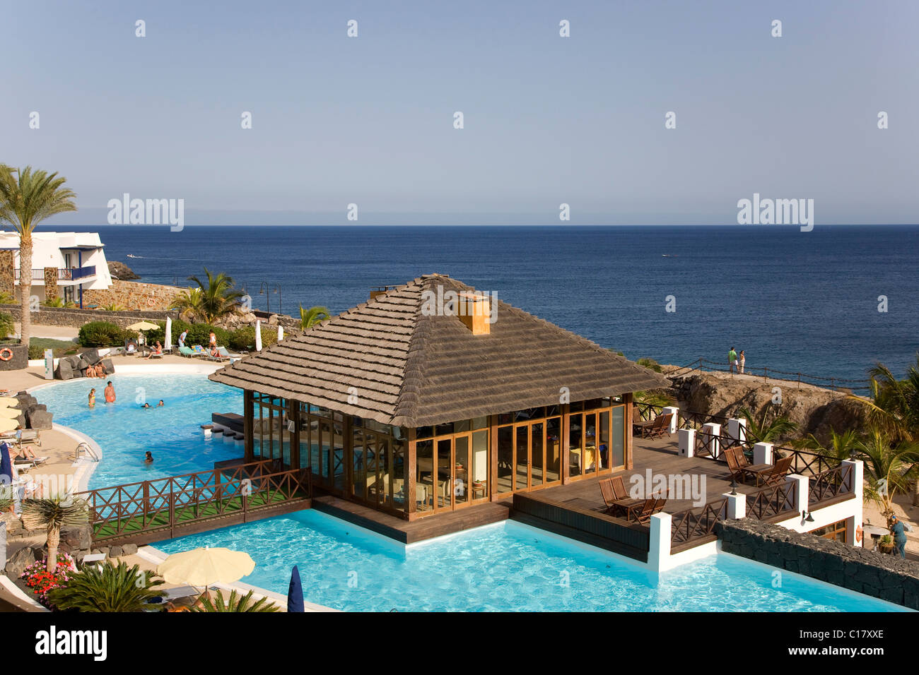 Hesperia Lanzarote Hotel, swimming pool with ocean views, Costa Calero, Lanzarote, Canary Islands, Spain, Europe Stock Photo