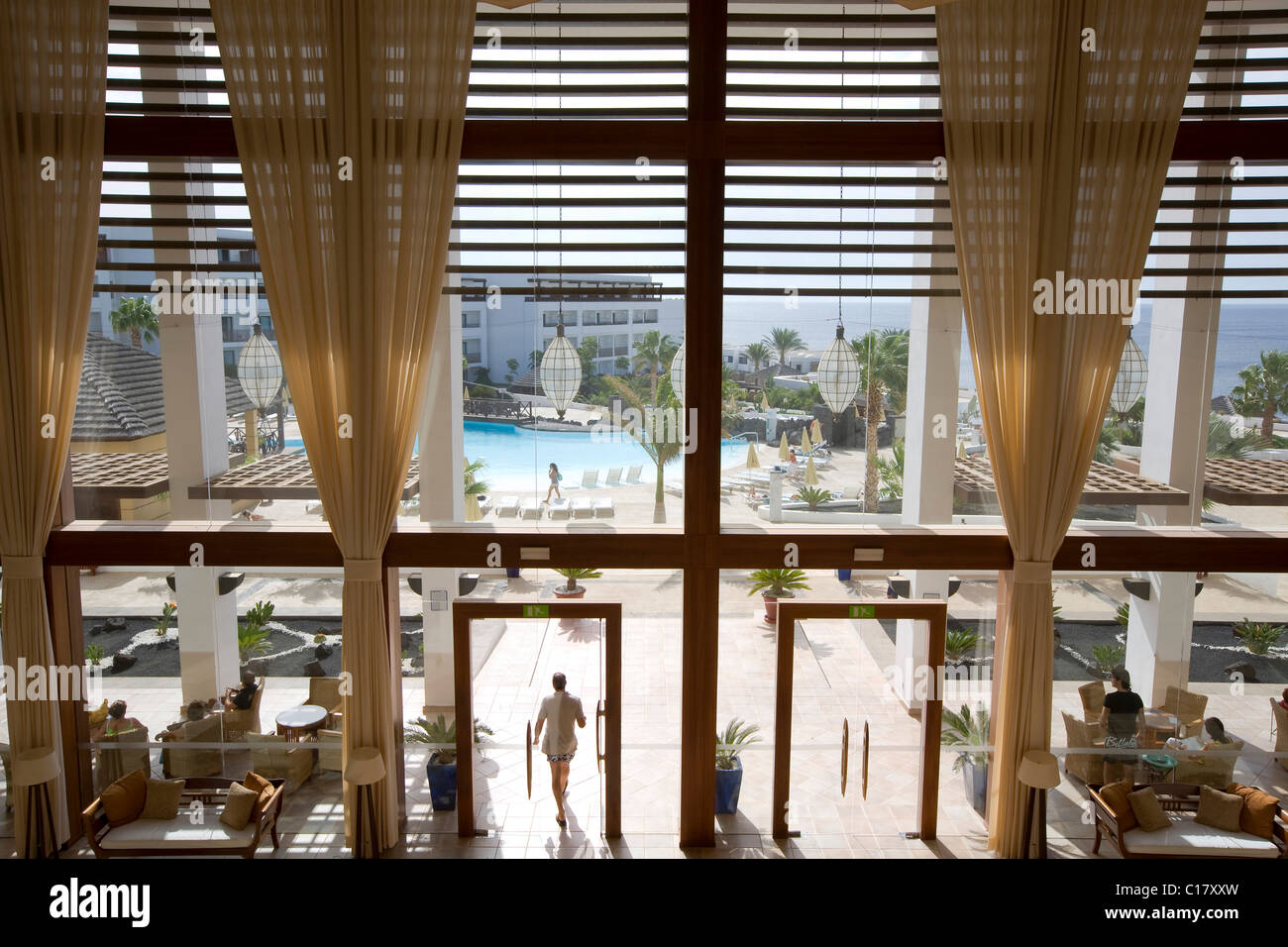 Lobby, hall, exit to the swimming pool, Hotel Hesperia Lanzarote, Costa Calero, Lanzarote, Canary Islands, Spain, Europe Stock Photo