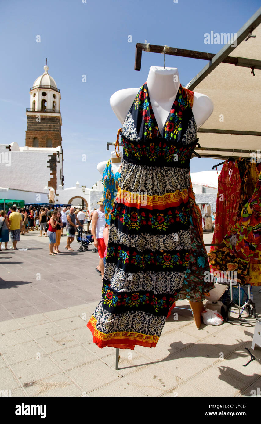 Dress for sale on the Sunday market in Teguise, Lanzarote, Canary Islands, Spain, Europe Stock Photo