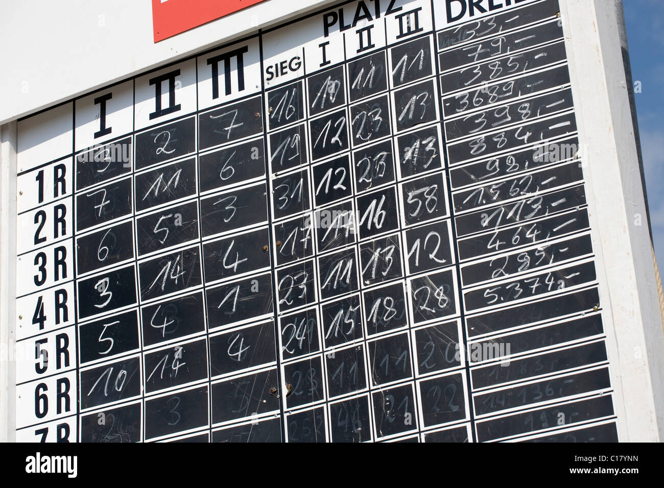 Indicator board for betting at the horse race in the North Sea mud, Cuxhaven-Duhnen, Lower Saxony, Northern Germany, Europe Stock Photo