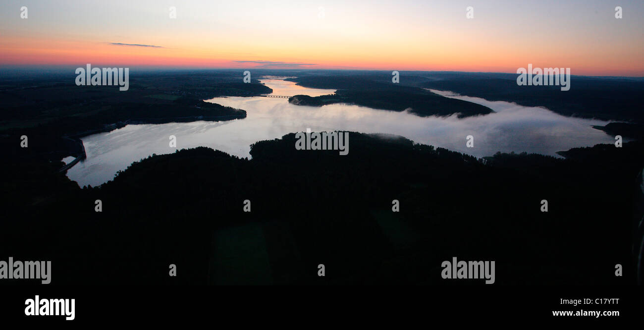 Aerial photograph, Moehnsee, embankment dam, Ruhrverband Essen, reservoir, dawn, sunrise, Guenne, Koerbecke, Sauerland Stock Photo