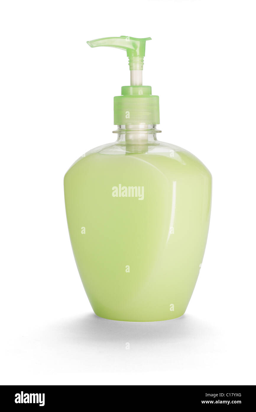 Bottle of hand sanitizer with dispenser on white background Stock Photo