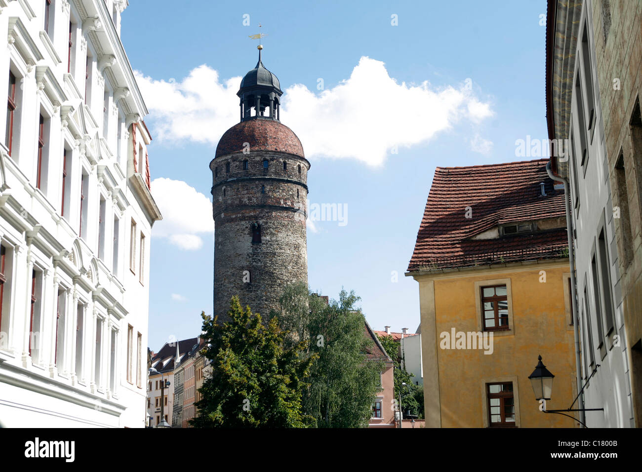 View of St Nicolas' tower, Goerlitz, Saxony, Oberlausitz, Lower Silesia, Germany, Europe Stock Photo