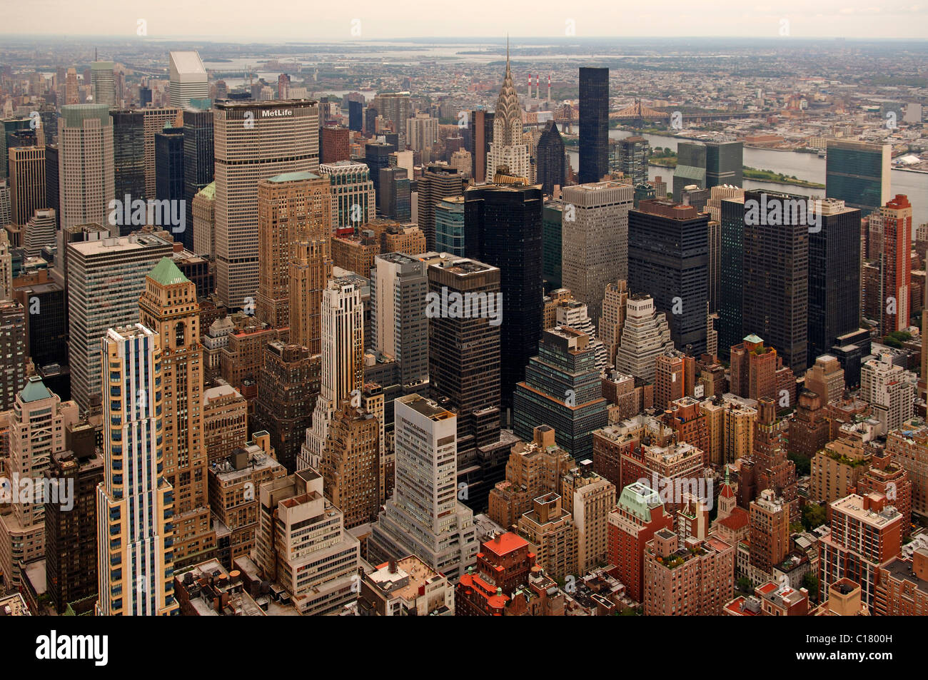 View from the Empire State Building to skyscrapers, rainy weather, New