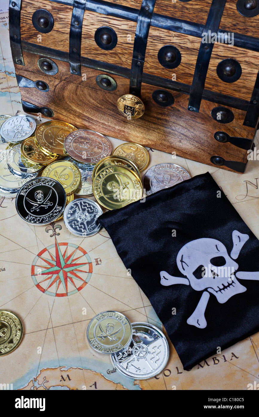 Treasure chest with pirate coins Stock Photo Alamy