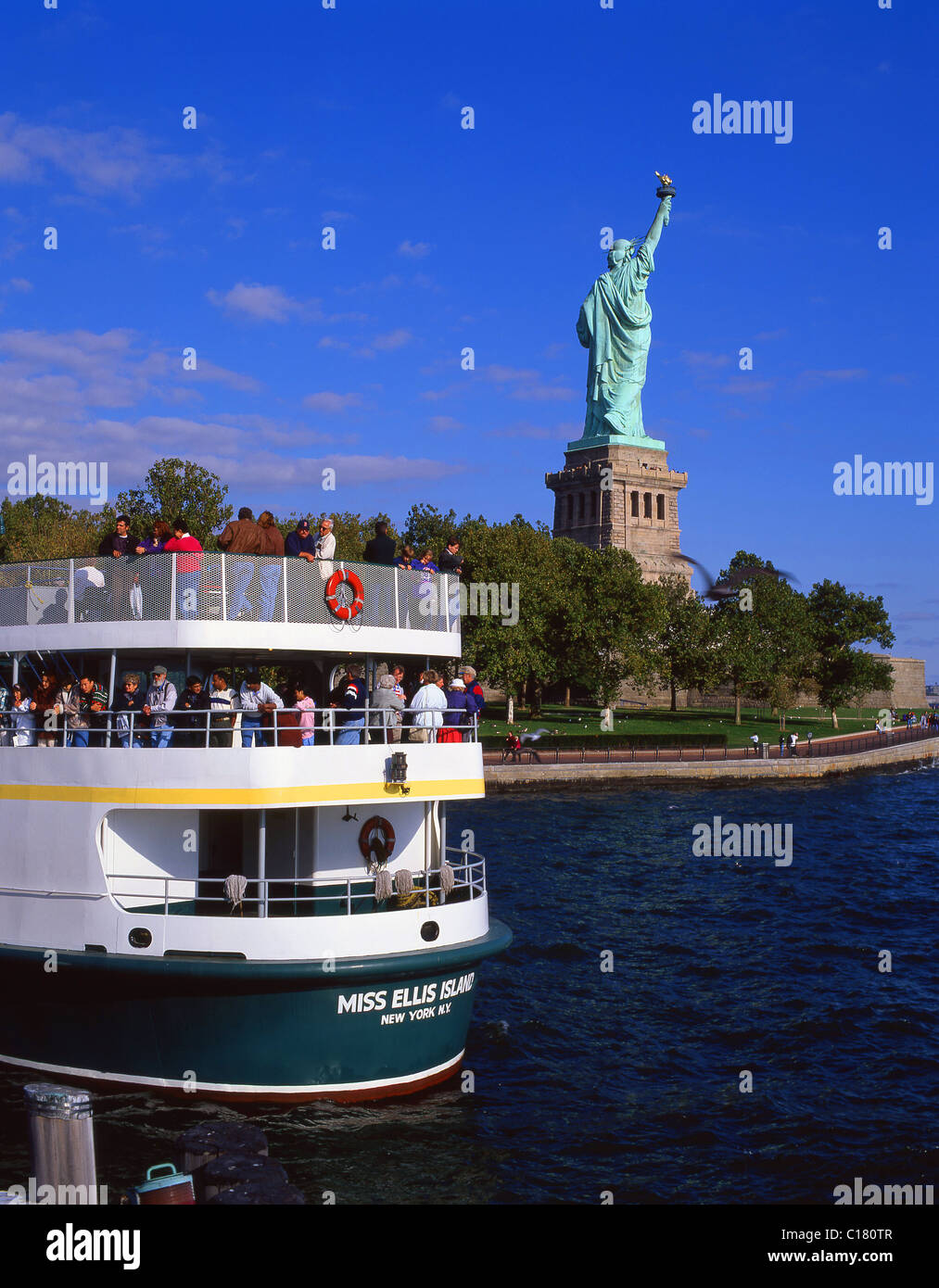 Miss Ellis Island ferry at Statue of Liberty National Monument, Liberty Island, New York, New York State, United States of America Stock Photo