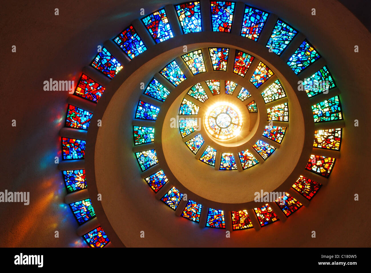 Spiraling stained Glass window, designed by Gabriel Loire, in the Thanksgiving Chapel, Dallas