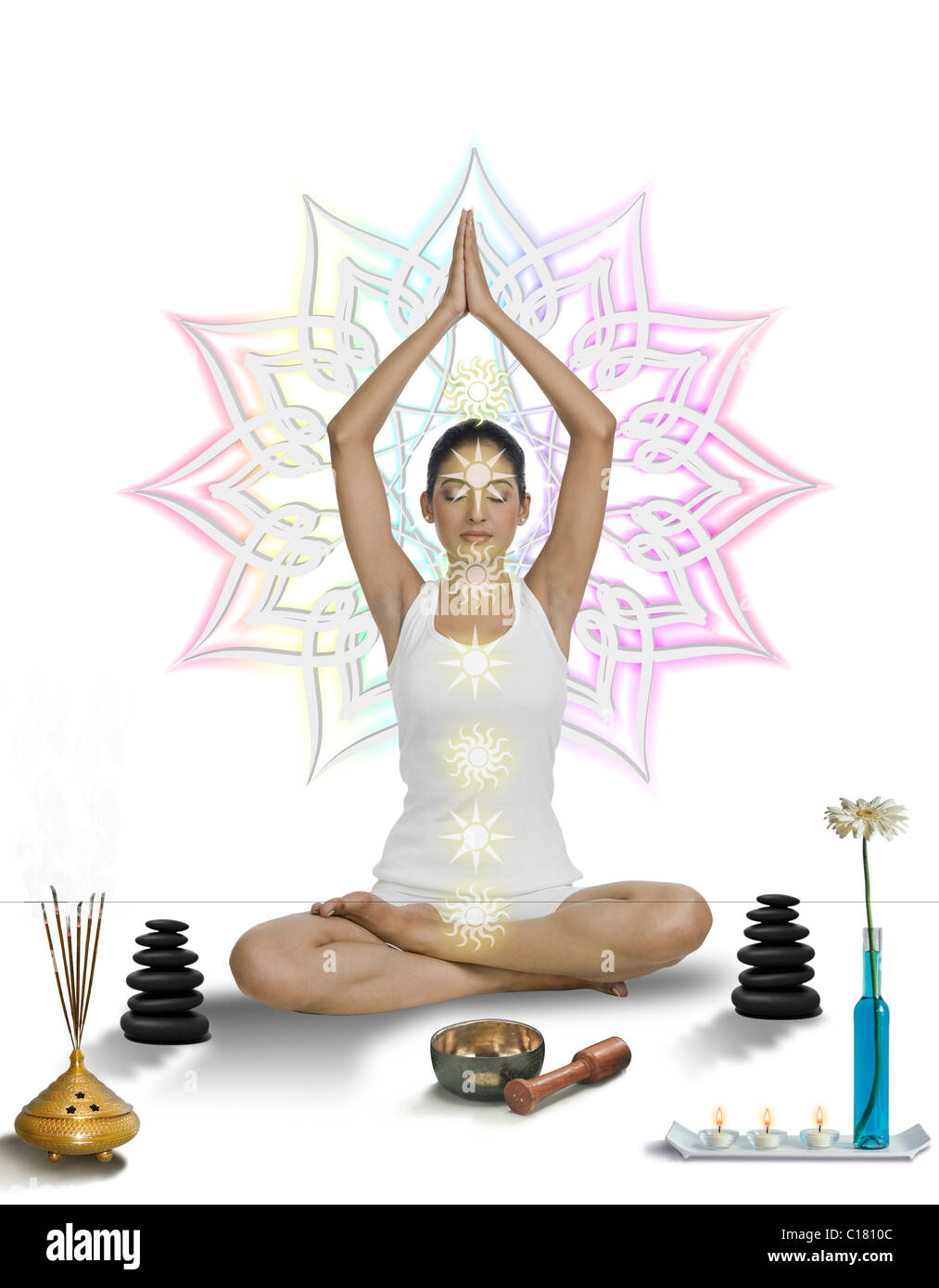 Illustrative representation showing seven primary Chakras of human body while doing meditation Stock Photo