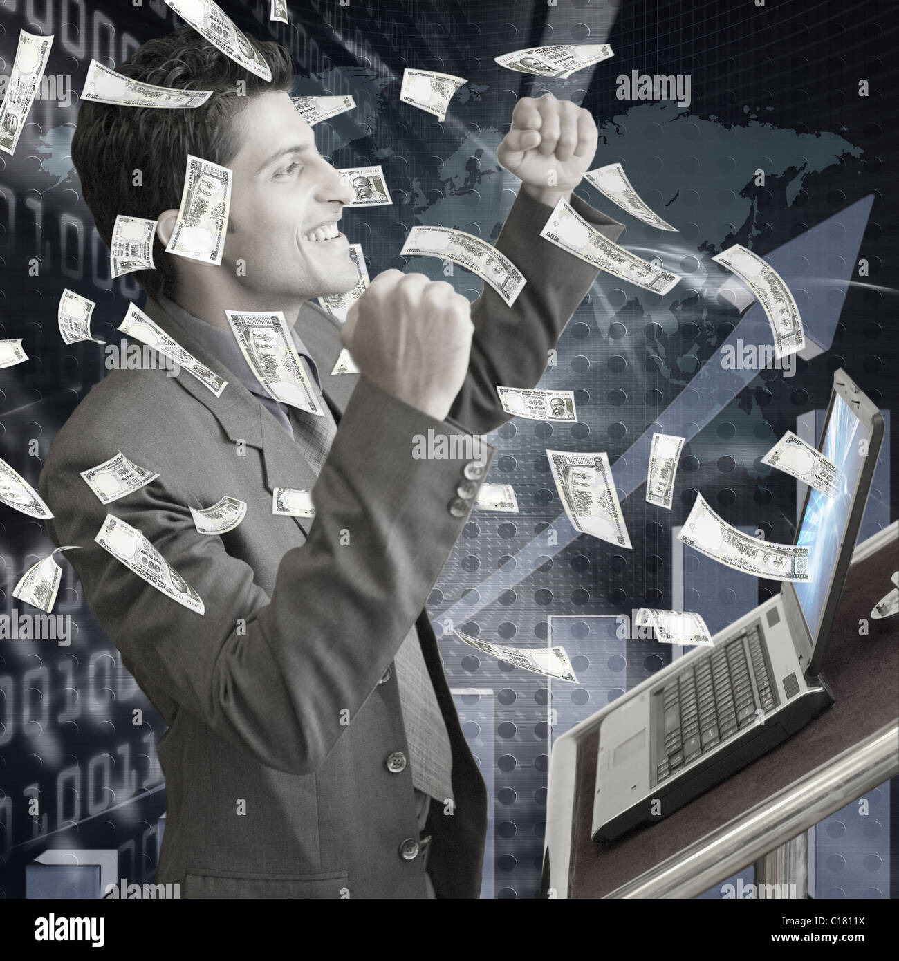 Money shower on a businessman Stock Photo