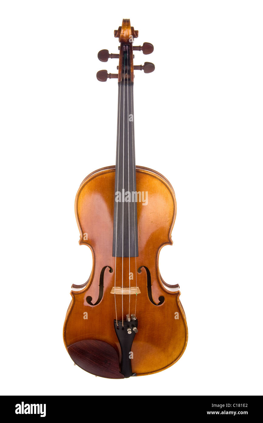Classical violin or fiddle isolated on white background as seen from the front of the instrument. Stock Photo