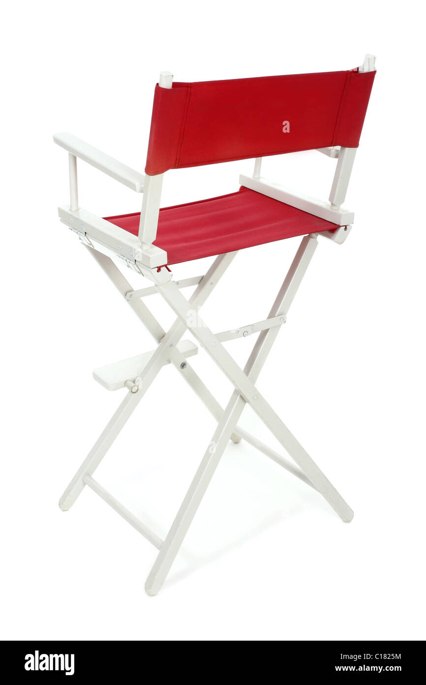 Director's chair with red seat and back on a white frame. Isolated on white background. Add text or logo to back of chair. Stock Photo
