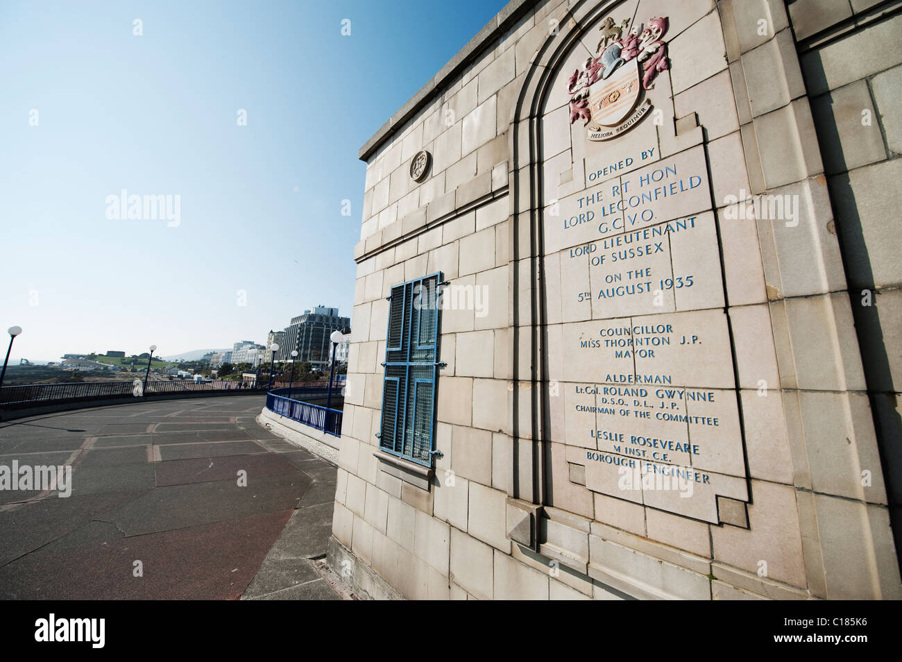 Commemorative plaque for the opening of the 1935 Eastbourne bandstand on the seafront of the resort town in East Sussex Stock Photo