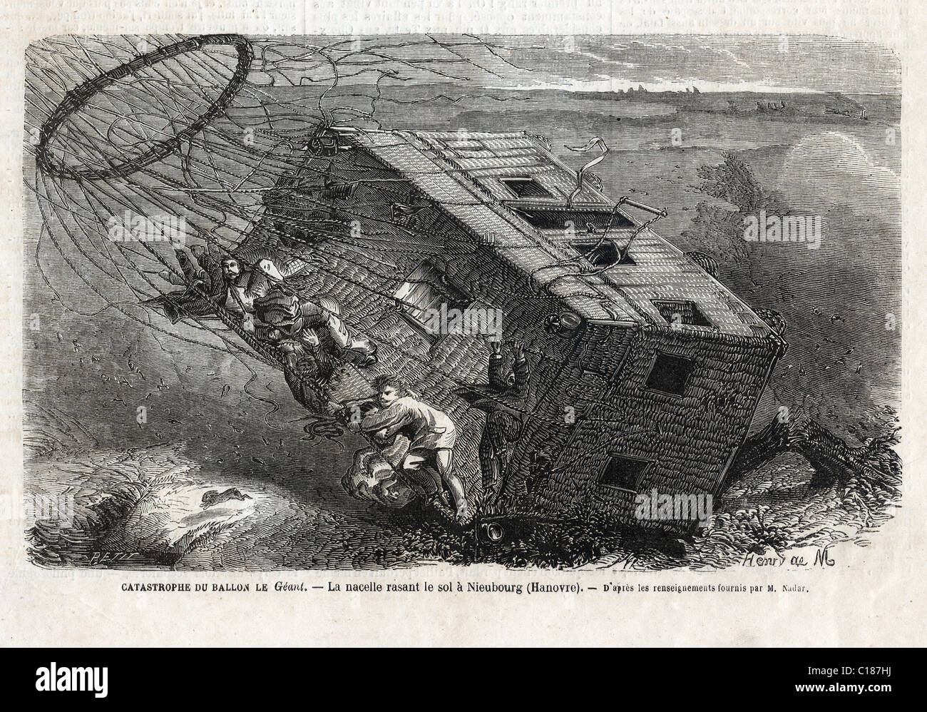 Disaster of the balloon 'Le Géant' at 'Nieubourg' near in 1863. Stock Photo