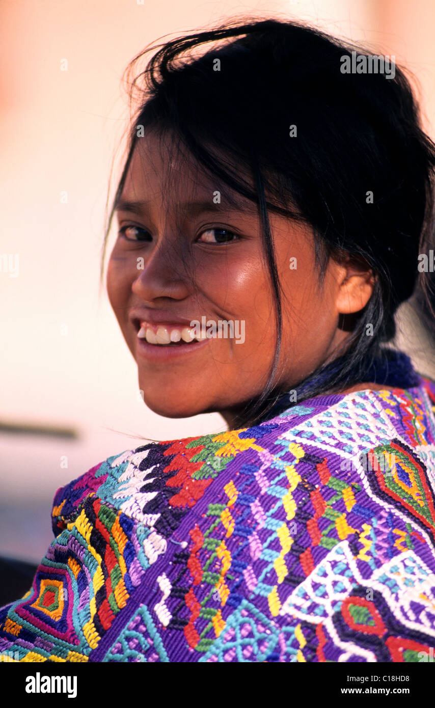 Guatemala, Central Cordillera, Sacatepequez Department, Antigua Guatemala, Indian woman wearing her huipile Stock Photo