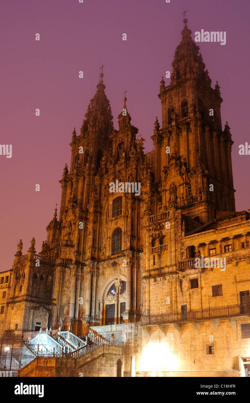 Front facade of the Cathedral of Santiago de Compostela from the Obradoiro square. Galicia; Spain. Stock Photo