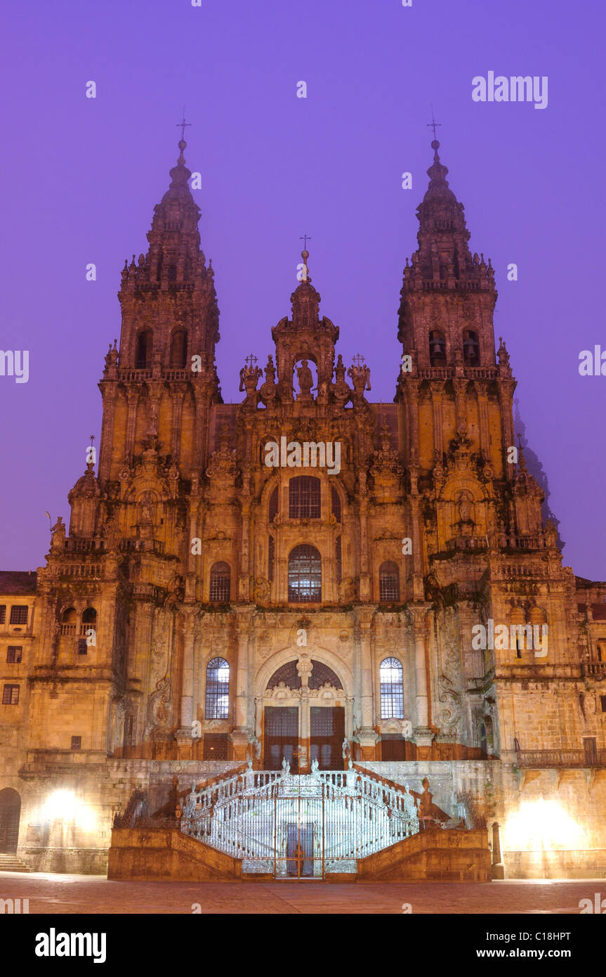 Front facade of the Cathedral of Santiago de Compostela from the Obradoiro square. Galicia; Spain. Stock Photo