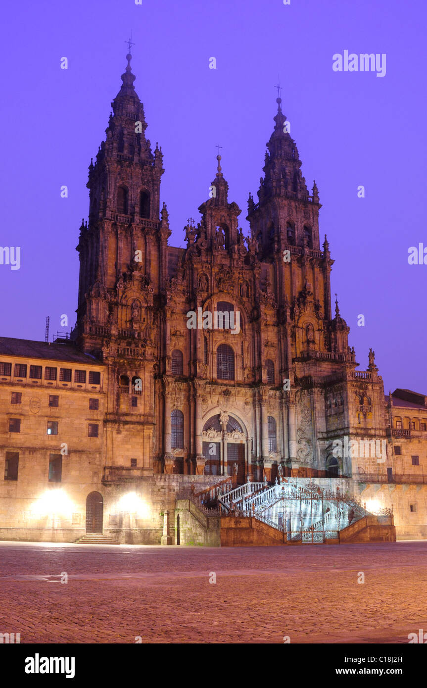 Front facade of the Cathedral of Santiago de Compostela from the Obradoiro square. Galicia; Spain. Stock Photo