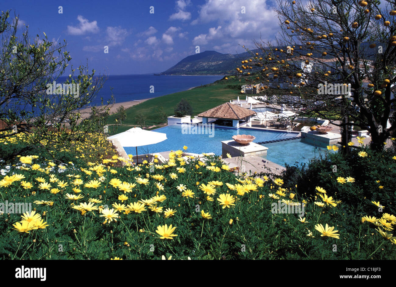 Cyprus, Akamas Peninsula, Polis Region, Anassa Hotel, swimming pool in front of the sea Stock Photo