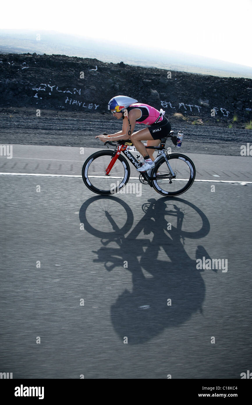 Erika Csomor, Hungary, on the Ironman-Triathlon-World Championship cycling stretch, 10/11/2008, Kailua-Kona, Hawaii, USA Stock Photo