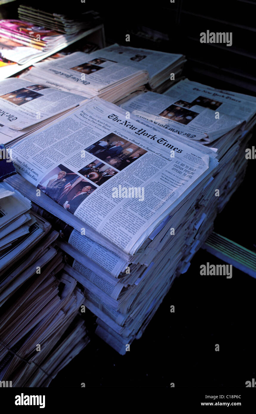 United States, New York City, Manhattan, Newspapers of sunday Stock Photo