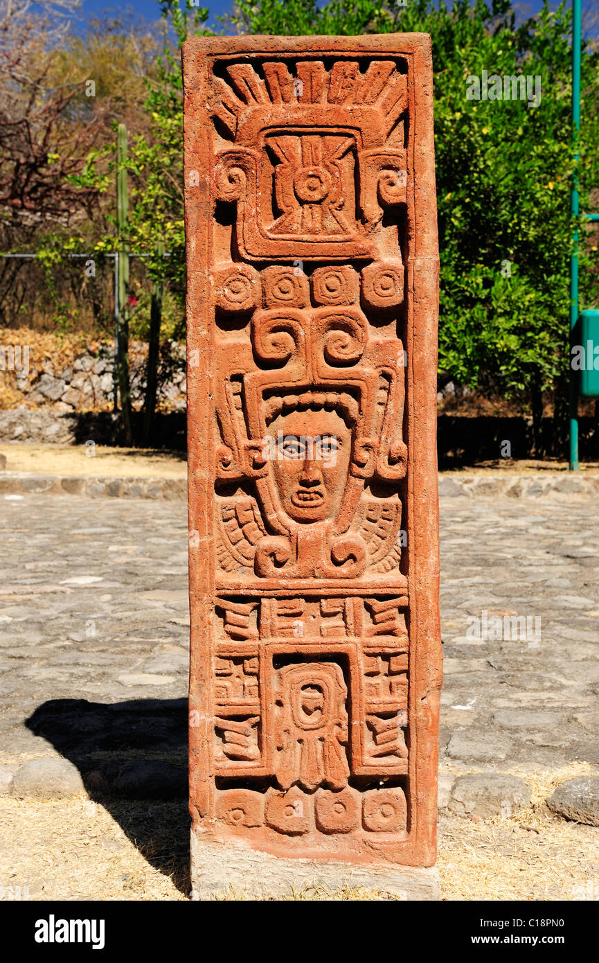 Stela of Quetzalcoatl outside Site Museum at Xochicalco in Morelos State, Mexico Stock Photo