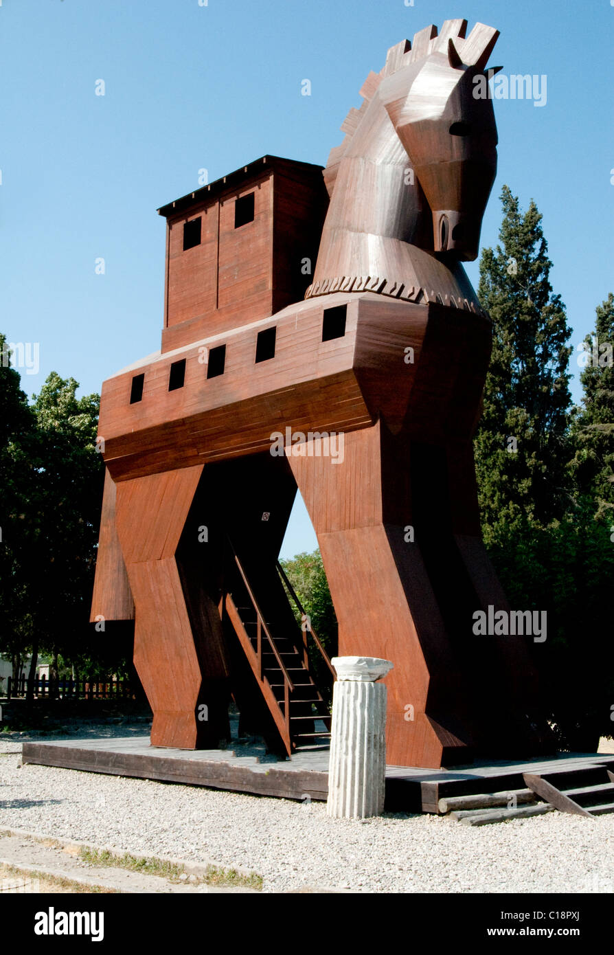 Mock-up of the Trojan Horse at the main gate to the city of Troy Stock Photo