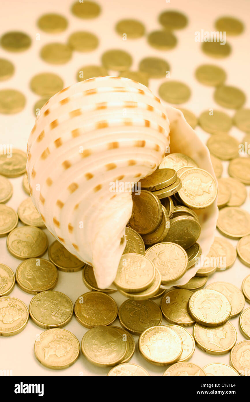 Seashell overflowing with coins Stock Photo