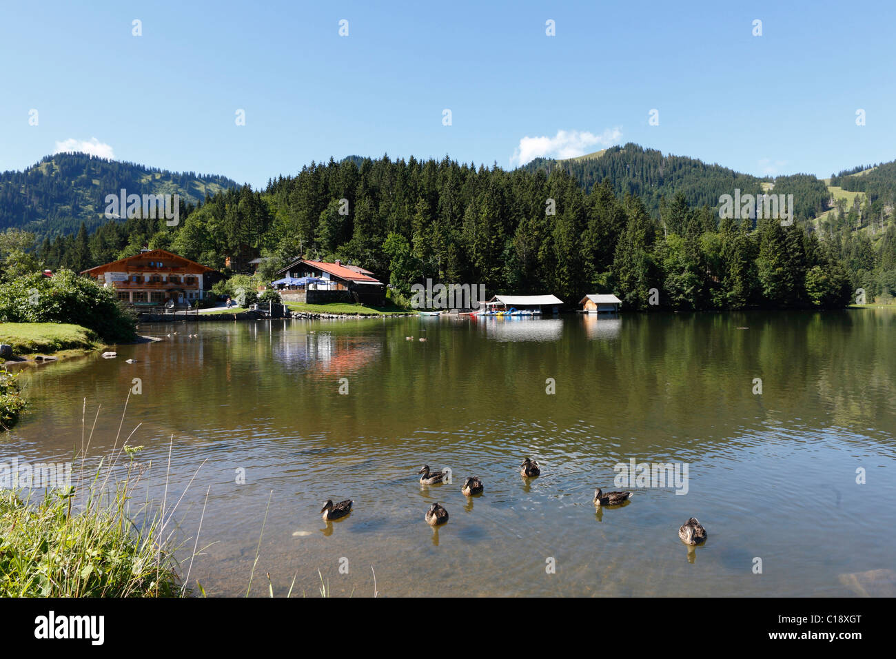 Village and Lake Spitzingsee, Mangfall Mountains, Alps, Upper Bavaria, Germany, Europe Stock Photo
