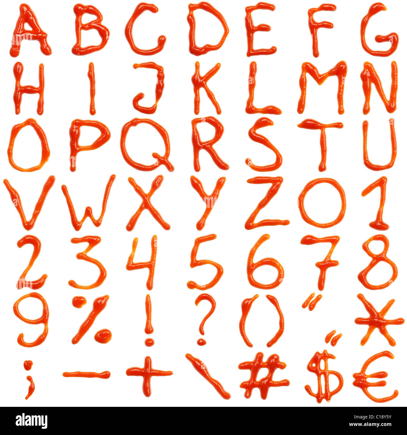 ketchup letters, numbers and signs, isolated on white background Stock