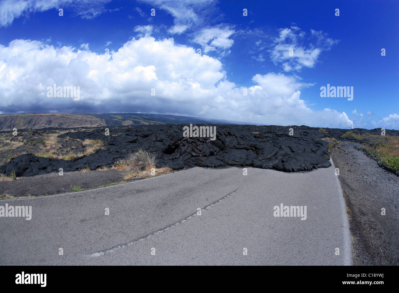 Cooled lava on a road in Volcano Park on the south coast of Big Island, Hawaii, USA Stock Photo