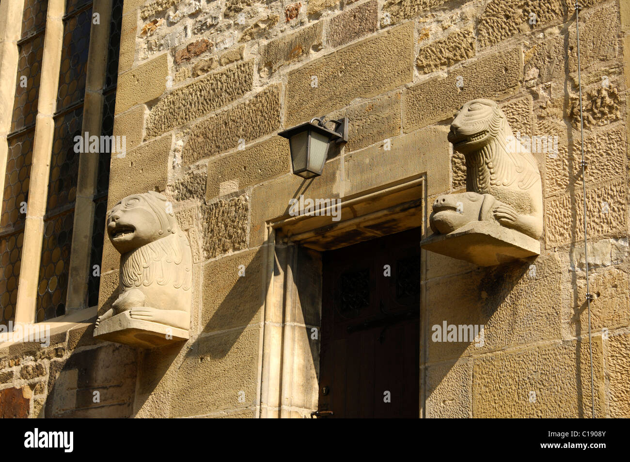 Lion sculptures at the Loewentoerle, lion entrance, Collegiate Church of St. Peter und Paul, Oehringen, Baden-Wuerttemberg Stock Photo