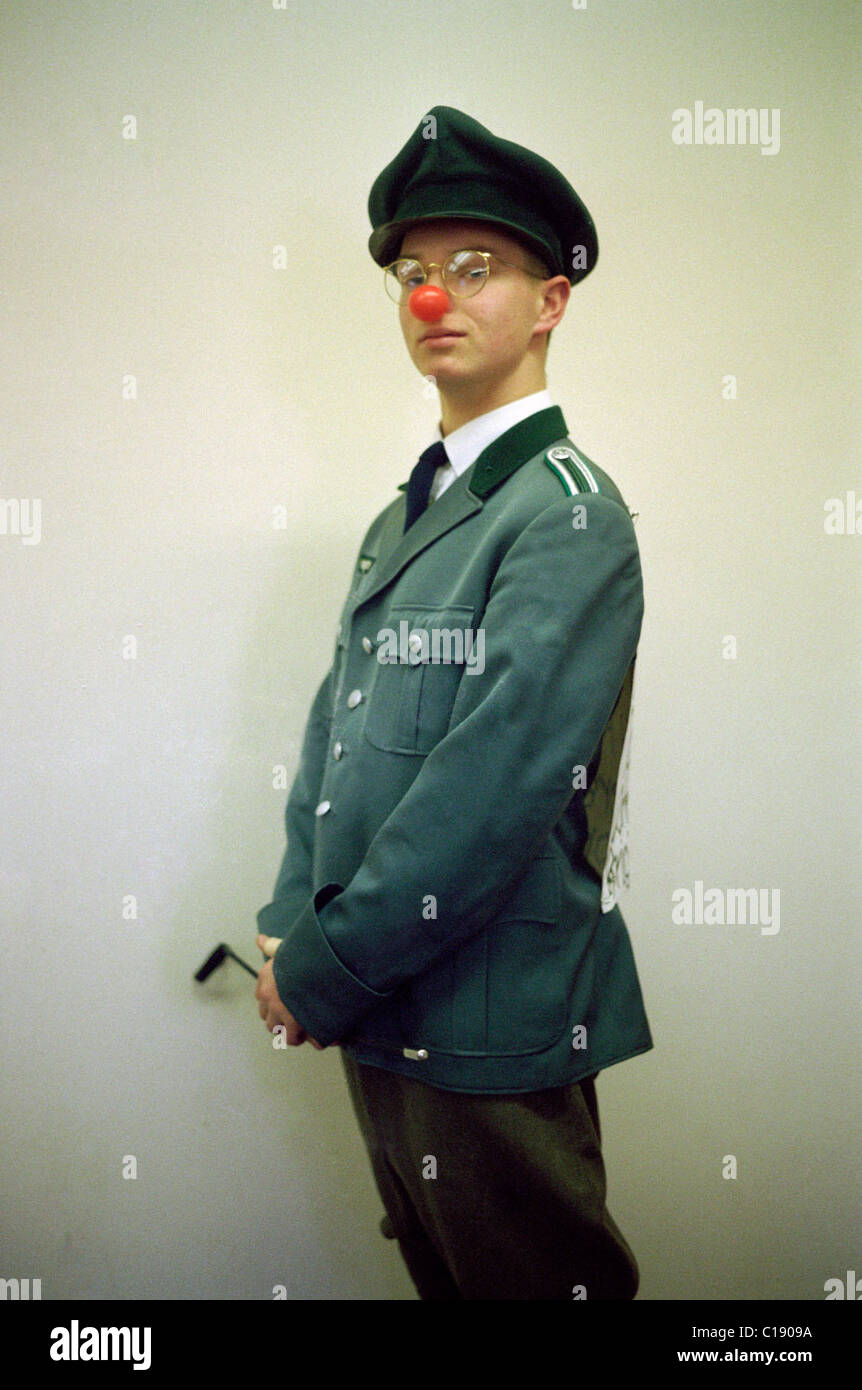 School students dressed up for the first Comic Relief Red Nose day 5 February 1988. Boy dressed as Nazi German officer. Stock Photo