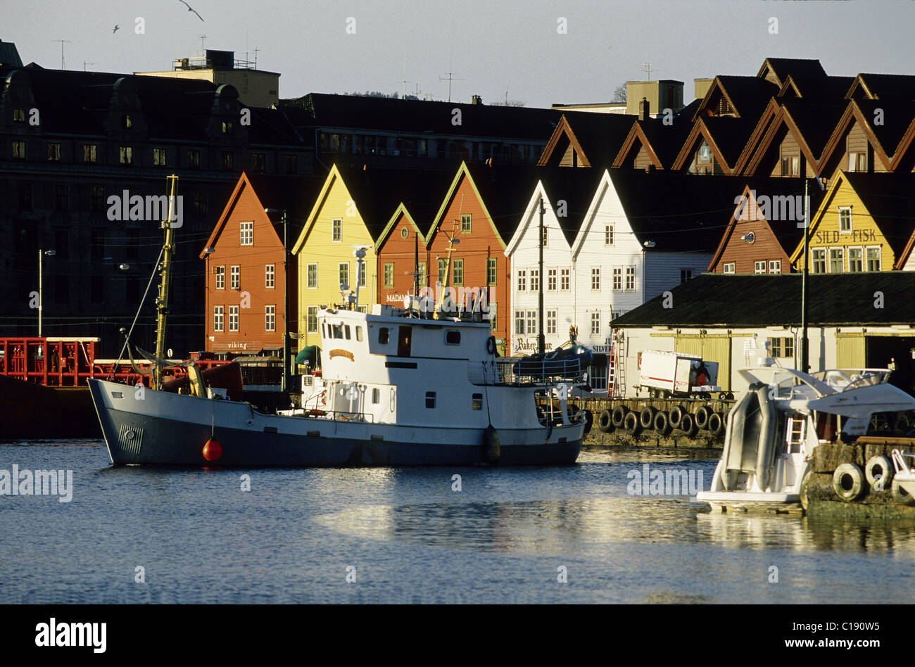 Norway, Bergen (West Fjords region), the Vagen (the port) and Bryggen, the old-town Stock Photo