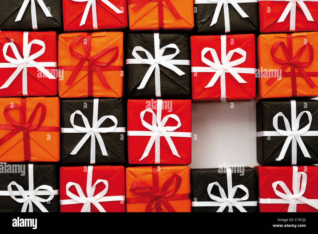 Multitude of gift parcels, presents joined together with one open space Stock Photo