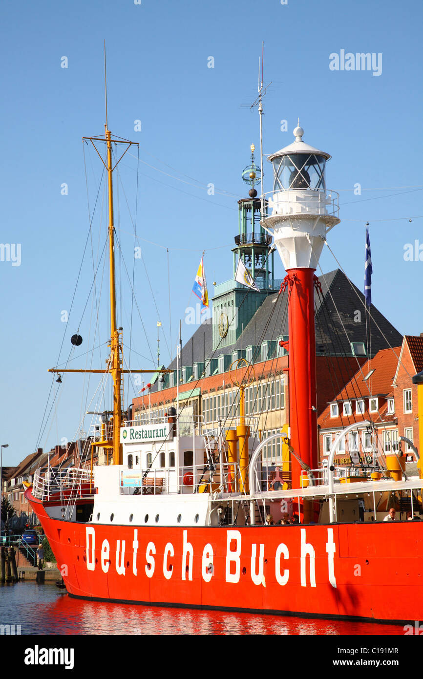 Town Hall, Deutsche Bucht fire ship, Emden Harbour, Lower Saxony, Germany, Europe Stock Photo