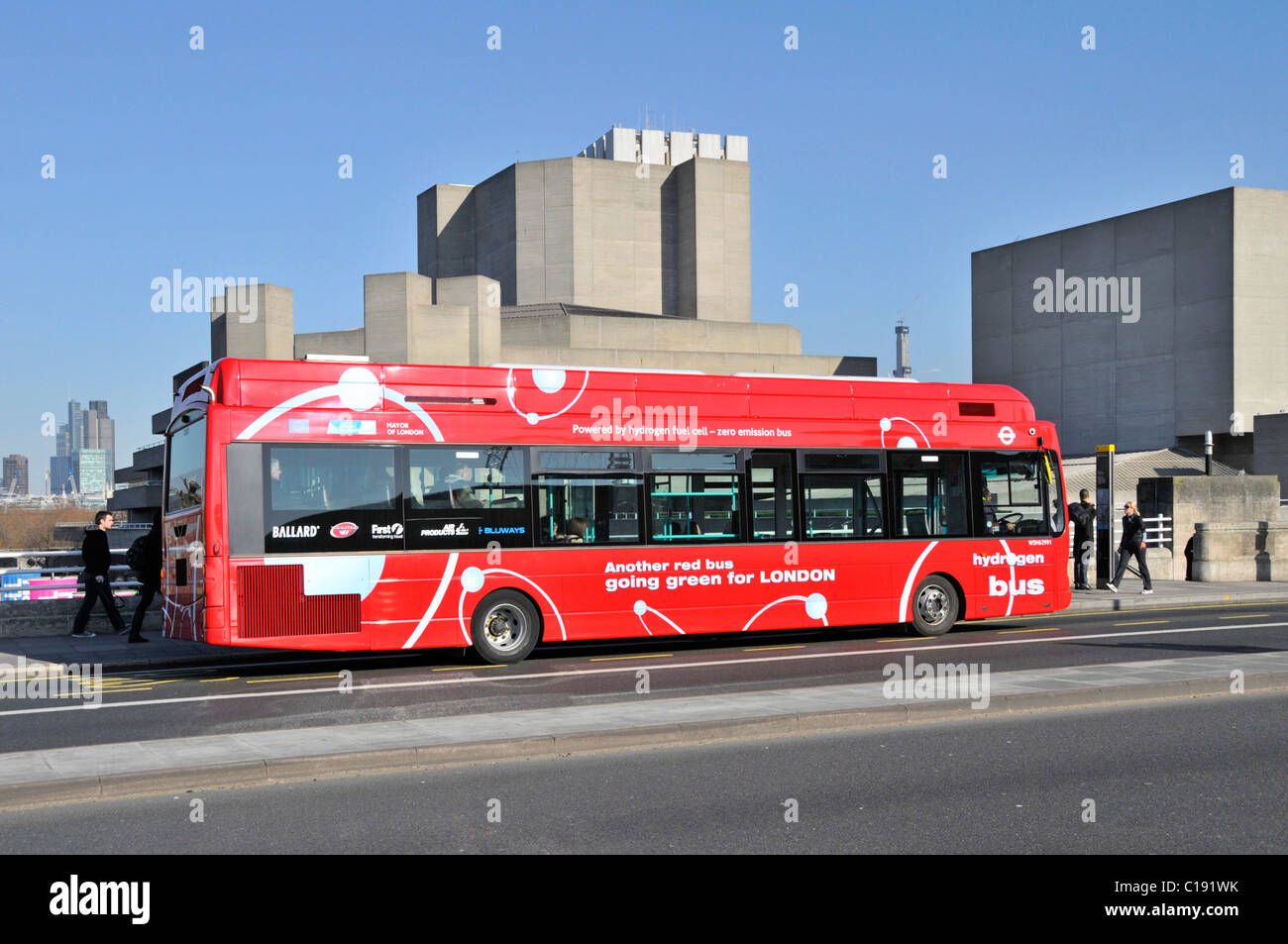 Environmentally friendly red Hydrogen fuel cell technology zero emissions bus on public transport for London route RV1 on Waterloo Bridge England UK Stock Photo