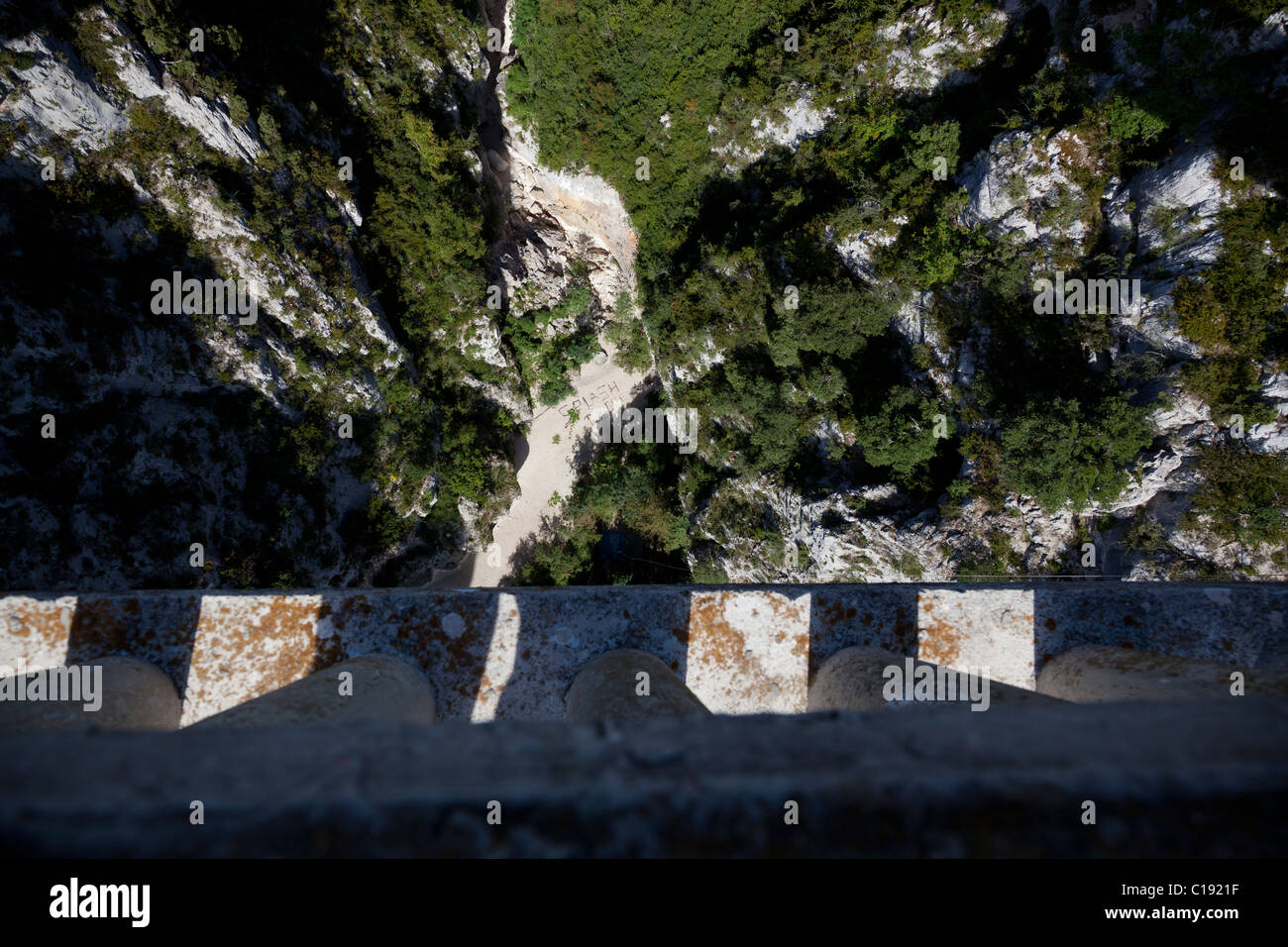 View of the 'landing site' from a bridge used for bungee jumping in the Gorges du Verdon, France Stock Photo