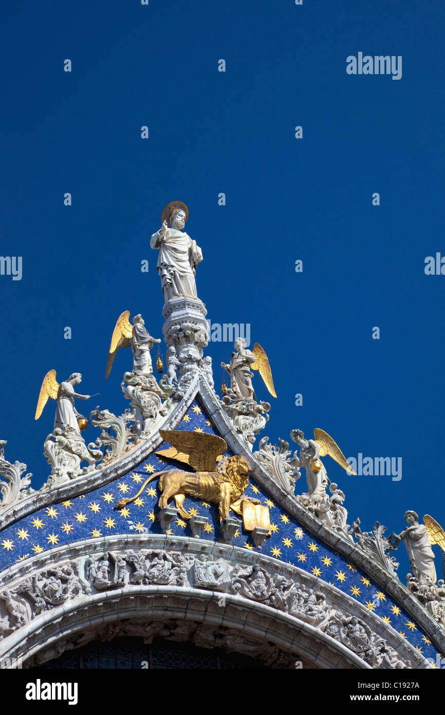 St, Marks, St., Basilica, San, Marco, front, aspect, angels, statue, Mark's, Venice, Veneto, Italy, Europe, Stock Photo