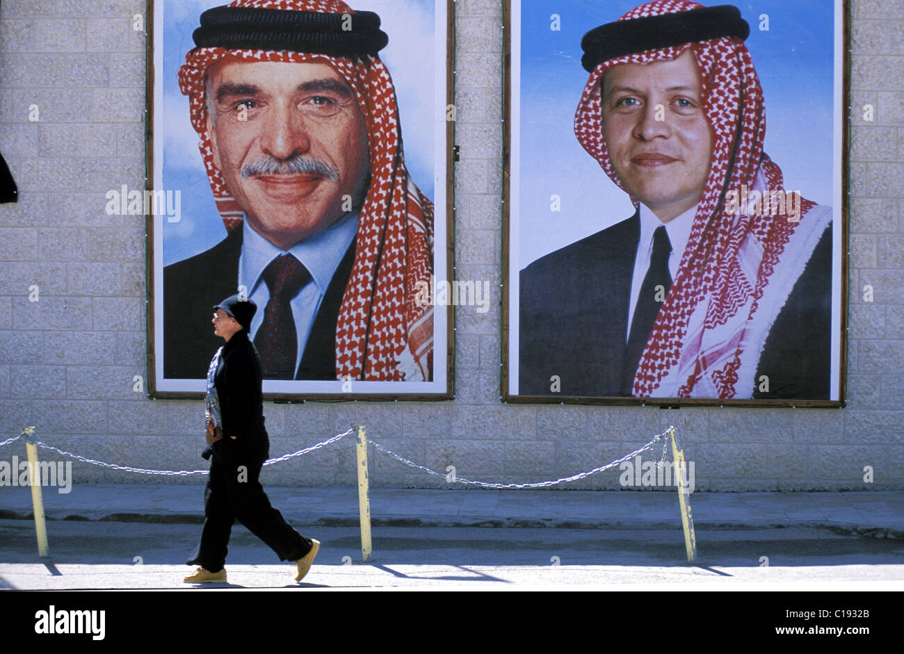 Jordan, Amman, portrait of the king AlHussein (dead) and his son Stock