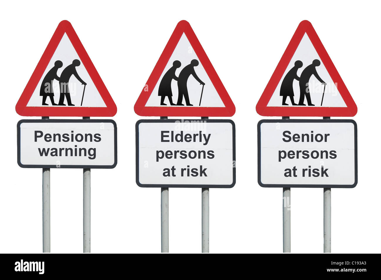 Pensions warning, elderly or seniors at risk road sign Stock Photo