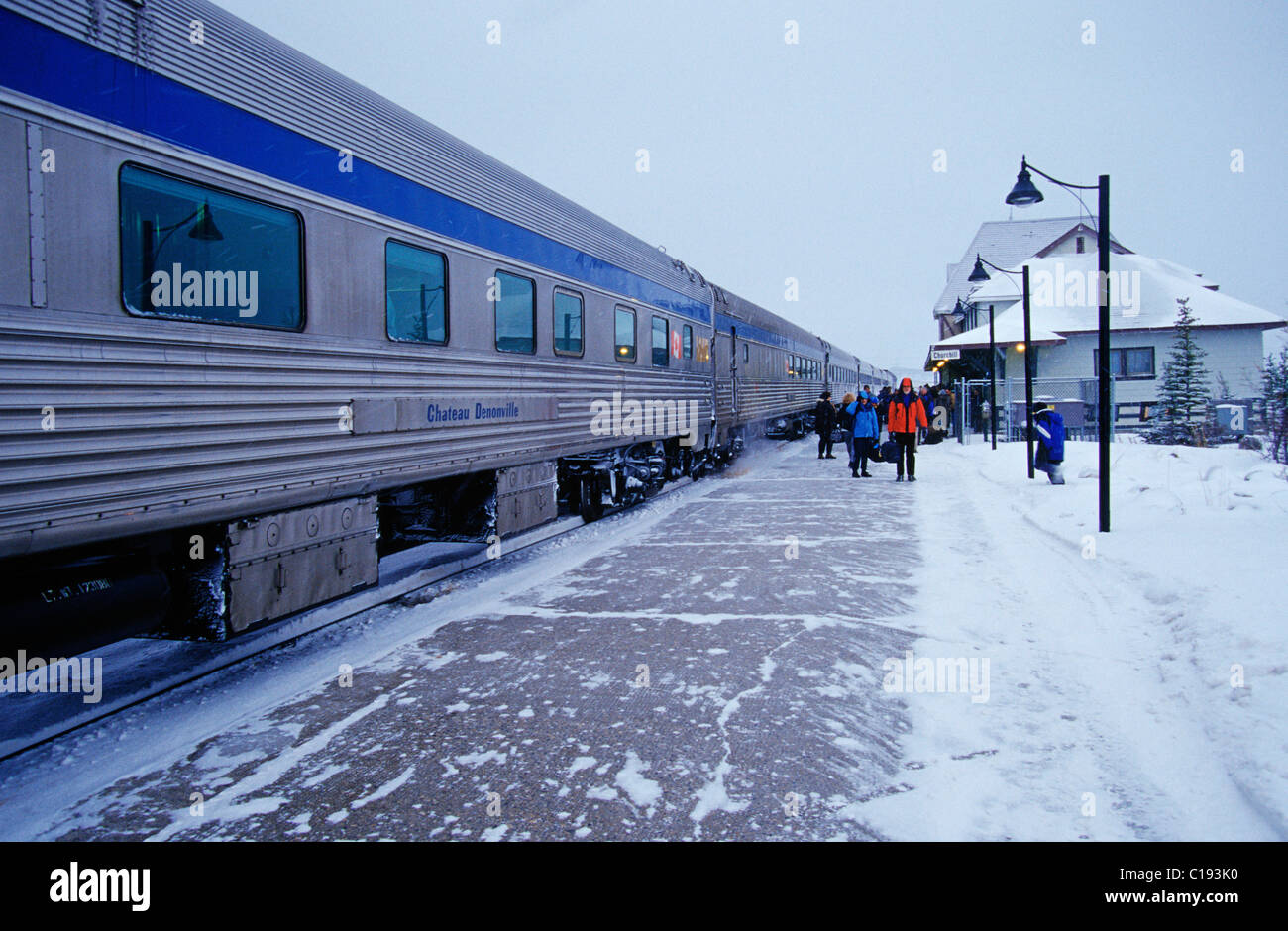 Train entrance in Churchill railway station, Hudson Bay, Canada, North America Stock Photo