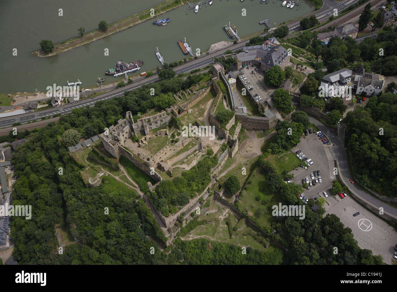 Rheinfels Castle near St. Goar am Rhein, aerial photo, Rhineland-Palatinate, Germany, Europe Stock Photo