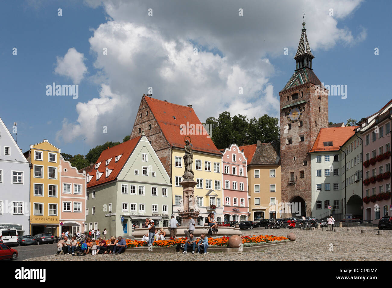 Main square with Schalzturm tower in Landsberg am Lech, Upper Bavaria, Bavaria, Germany, Europe Stock Photo