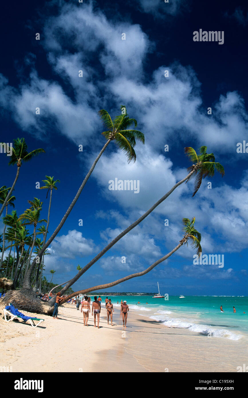 Huts, palm beach Playa Bavaro near Punta Cana, Dominican Republic, Caribbean Stock Photo