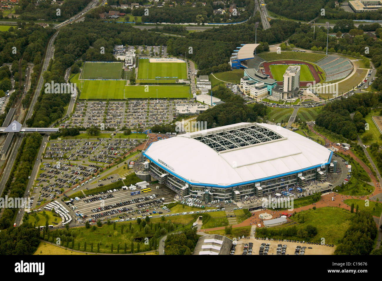 Aerial photo, parking area, Schalker pitch, Arena Auf Schalke, Schalke arena, Veltins Arena, medicos.AufSchalke Reha Stock Photo