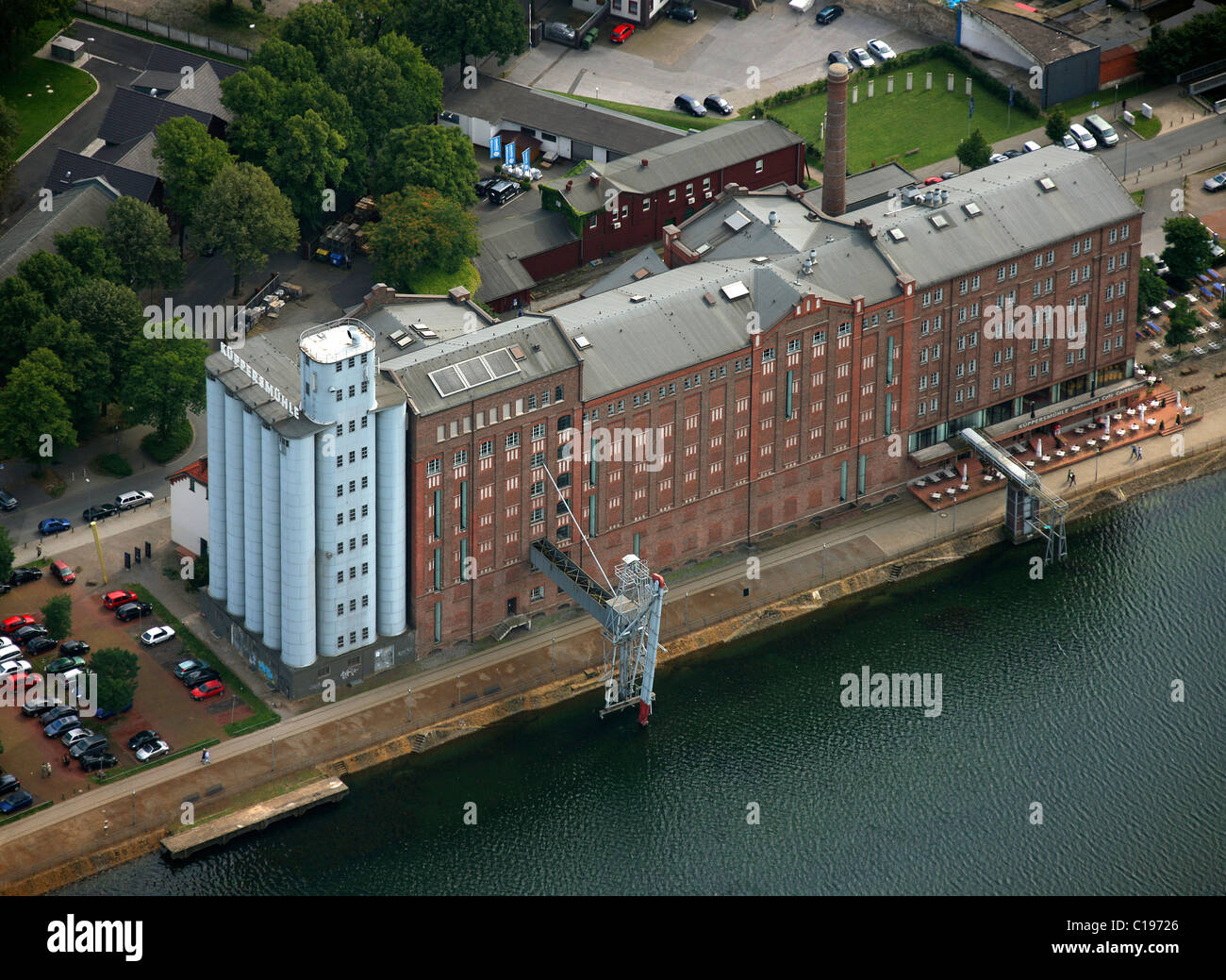 Aerial photograph, inbound harbour, museum, Alltours, wood harbour museum, Duisburg, Ruhr Area, North Rhine-Westphalia Stock Photo